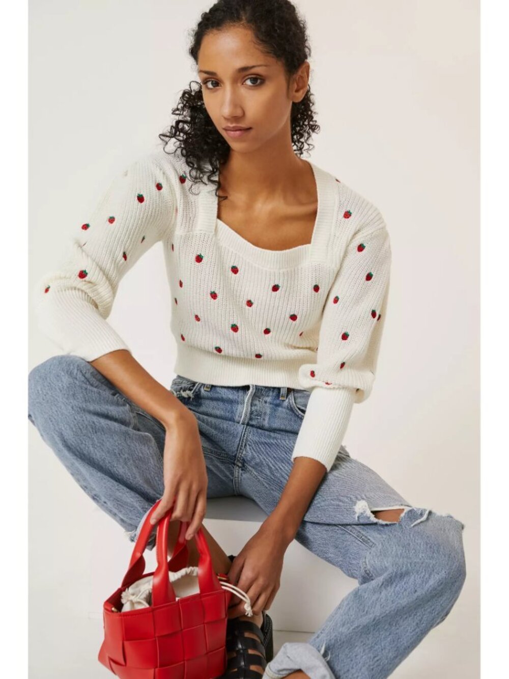 Anthropologie Maeve Embroidered Sweater Top Strawberry White Kawaii Cute Twee S